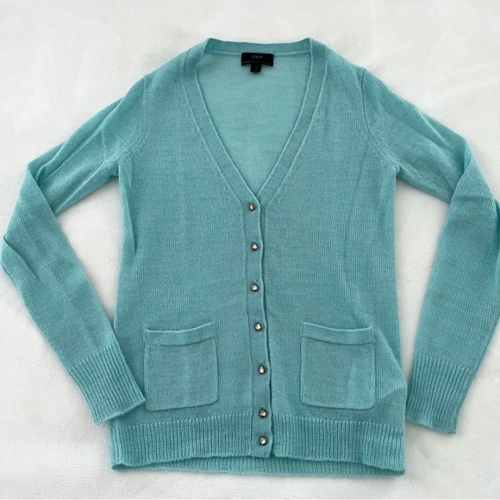 J. Crew Italian Spun Alpaca Blend Jewel Button Cardigan Aquamarine, Size XS NWOT - Picture 6 of 9
